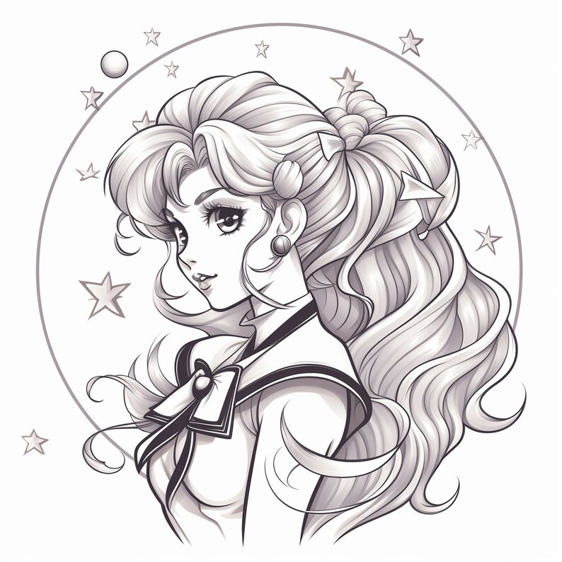 May include: A black and white line drawing of a young woman with long, flowing hair, wearing a sailor-style uniform. She is surrounded by stars.