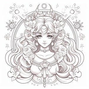 May include: A black and white line drawing of a woman with long, flowing hair. She is wearing a crown of flowers and has a crescent moon on her forehead. She is surrounded by stars and fireworks.