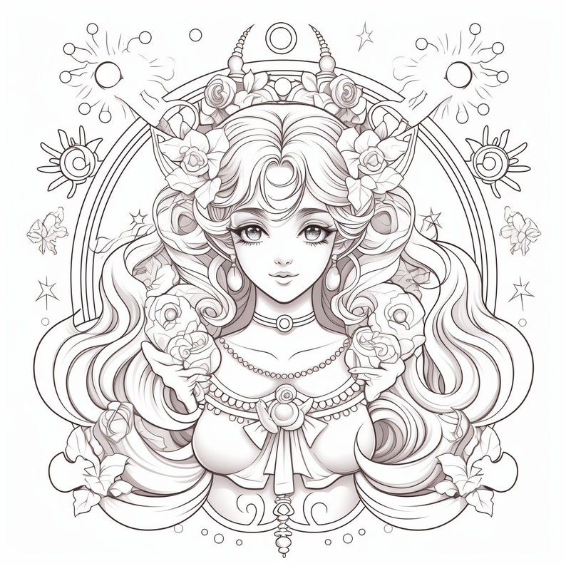 May include: A black and white line drawing of a woman with long, flowing hair. She is wearing a crown of flowers and has a crescent moon on her forehead. She is surrounded by stars and fireworks.