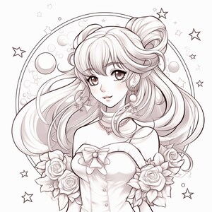 May include: A black and white line drawing of a woman with long flowing hair, wearing a dress with a bow and roses. The background features a moon and stars.