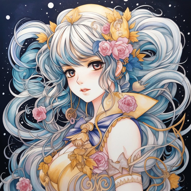 May include: A watercolor illustration of a woman with long, flowing blue hair adorned with gold and floral accents. She wears a gold and blue dress with a floral pattern and a crown of flowers.