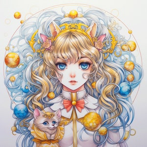 May include: A blonde haired girl with blue eyes wearing a white dress with a red bow and a gold crown. She is surrounded by blue and gold orbs and has a small white kitten with yellow eyes sitting on her lap.