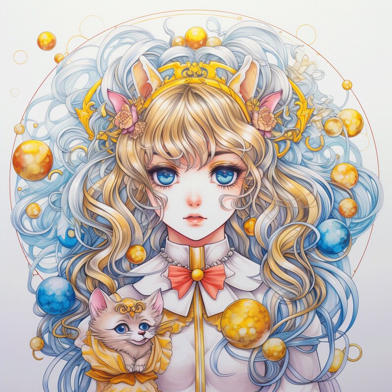 May include: A blonde haired girl with blue eyes wearing a white dress with a red bow and a gold crown. She is surrounded by blue and gold orbs and has a small white kitten with yellow eyes sitting on her lap.