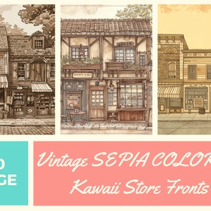 Sepia Kawaii Storefronts Coloring Book: 50 Page Vintage Illustrations (PDF Printable)