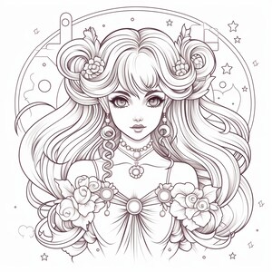 May include: A black and white line drawing of a woman with long flowing hair, wearing a dress with floral accents. She has a delicate necklace and earrings. The background features a circular design with stars.