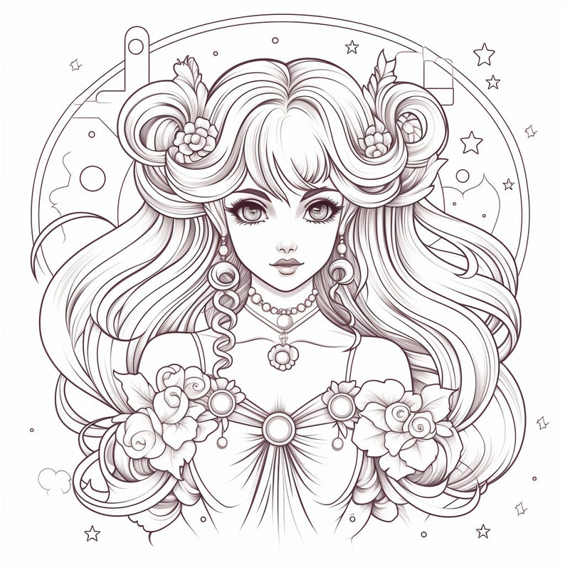 May include: A black and white line drawing of a woman with long flowing hair, wearing a dress with floral accents. She has a delicate necklace and earrings. The background features a circular design with stars.