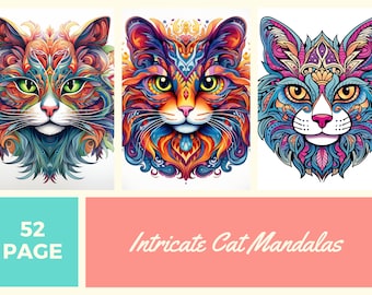 May include: Three colorful cat mandalas with intricate designs. The cats are drawn in a psychedelic style with bright colors and patterns. The text "52 PAGE" and "Intricate Cat Mandalas" are visible at the bottom of the image.