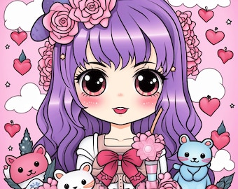 100 Seiten Süßes Kawaii Stil Valentinstag Malbuch Kinder Erwachsene Band 1 8.5 "x11" PDF Seite Printable Malbuch