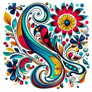 May include: A colorful floral design with swirls and intricate details. The design features a variety of colors, including red, blue, yellow, green, and white.
