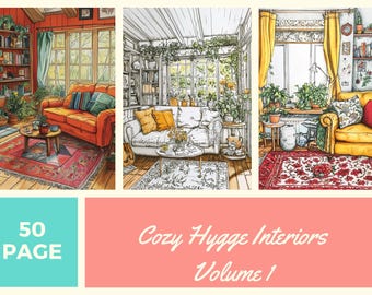 Cozy Hygge Interiors Coloring Book: 50 Page Volume 1 (PDF Printable)
