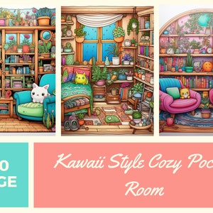 May include: A digital illustration of a cozy room with a bookshelf filled with books and plants, a bed with a yellow cat pillow, and a blue armchair with a white cat sitting in it. The room has a window with a view of a night sky. The text "Kawaii Style Cozy Pocket Room" is written below the image.