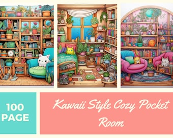 Puede incluir: Una ilustración digital de una habitación acogedora con una estantería llena de libros y plantas, una cama con una almohada de gato amarillo y un sillón azul con un gato blanco sentado en él. La habitación tiene una ventana con vista a un cielo nocturno. El texto "Kawaii Style Cozy Pocket Room" está escrito debajo de la imagen.