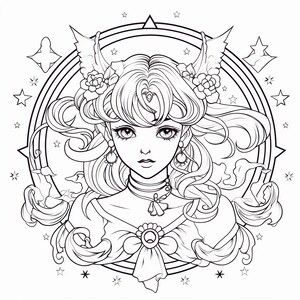 May include: A black and white line drawing of a woman with long hair, wearing a dress and a necklace. She is surrounded by a circular frame with stars and floral designs.