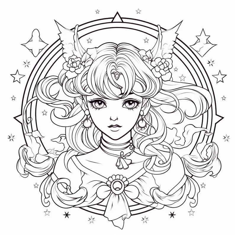 May include: A black and white line drawing of a woman with long hair, wearing a dress and a necklace. She is surrounded by a circular frame with stars and floral designs.