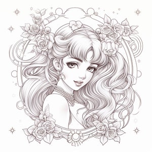 May include: A black and white line drawing of a woman with long flowing hair, wearing a necklace and a crown of roses. The woman is surrounded by a circular frame with a floral design.