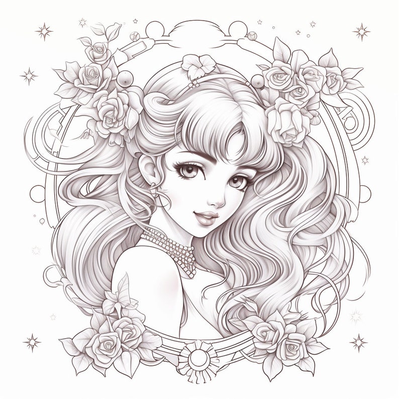 May include: A black and white line drawing of a woman with long flowing hair, wearing a necklace and a crown of roses. The woman is surrounded by a circular frame with a floral design.