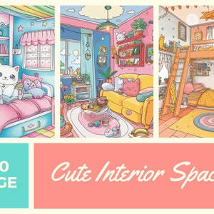May include: Three illustrations of cute interior spaces with a cat in each room. The first room is a bedroom with a pink bed, a white cat sitting on the bed, and a blue and white bookshelf. The second room is a living room with a yellow couch, a pink cat sitting on the couch, and a coffee table with snacks. The third room is a bedroom with a bunk bed, a white cat sitting on the top bunk, and a bookshelf. The text "100 PAGE" is in the bottom left corner and "Cute Interior Spaces" is in the bottom center.