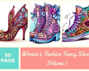 May include: Three pairs of colorful women's shoes with floral and butterfly designs. The shoes are a high-heeled pump, a pair of ankle boots, and a pair of high-top sneakers. The text "Women's Fashion Fancy Shoes Volume 1" is at the bottom of the image.