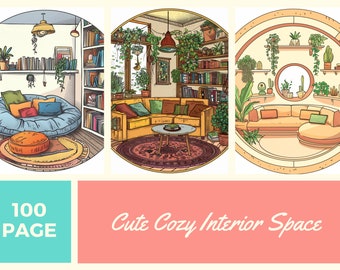May include: Three illustrations of cozy living rooms with different styles. The first room features a large blue beanbag chair with pillows and a round rug. The second room has a yellow couch with pillows, a coffee table, and a rug. The third room has a light brown couch with pillows and a round rug. All three rooms have plants and bookshelves.