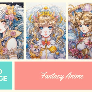 May include: Three anime-style illustrations of women with long, flowing hair and intricate details. The women are wearing elaborate outfits with gold accents and floral embellishments. The illustrations are set against a background of stars and clouds. The text "50 PAGE" and "Fantasy Anime" is visible at the bottom of the image.