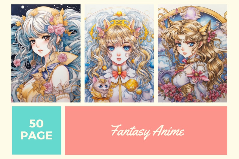 May include: Three anime-style illustrations of women with long, flowing hair and intricate details. The women are wearing elaborate outfits with gold accents and floral embellishments. The illustrations are set against a background of stars and clouds. The text "50 PAGE" and "Fantasy Anime" is visible at the bottom of the image.