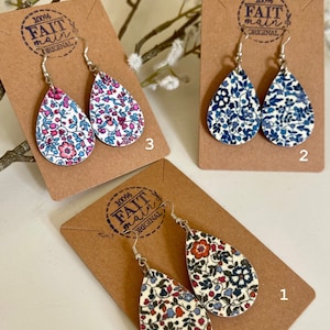 Pendientes colgantes en madera y tela liberty, bisutería, pendientes hechos a mano, regalo mamá, regalo mujer, liberty imagen 3