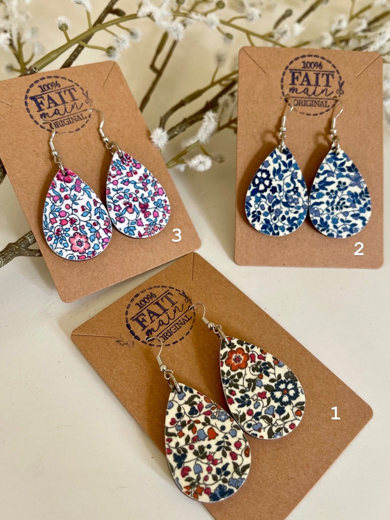 Pendientes colgantes en madera y tela liberty, bisutería, pendientes hechos a mano, regalo mamá, regalo mujer, liberty imagen 3