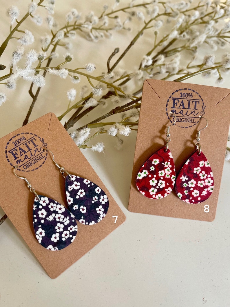 Pendientes colgantes en madera y tela liberty, bisutería, pendientes hechos a mano, regalo mamá, regalo mujer, liberty imagen 5