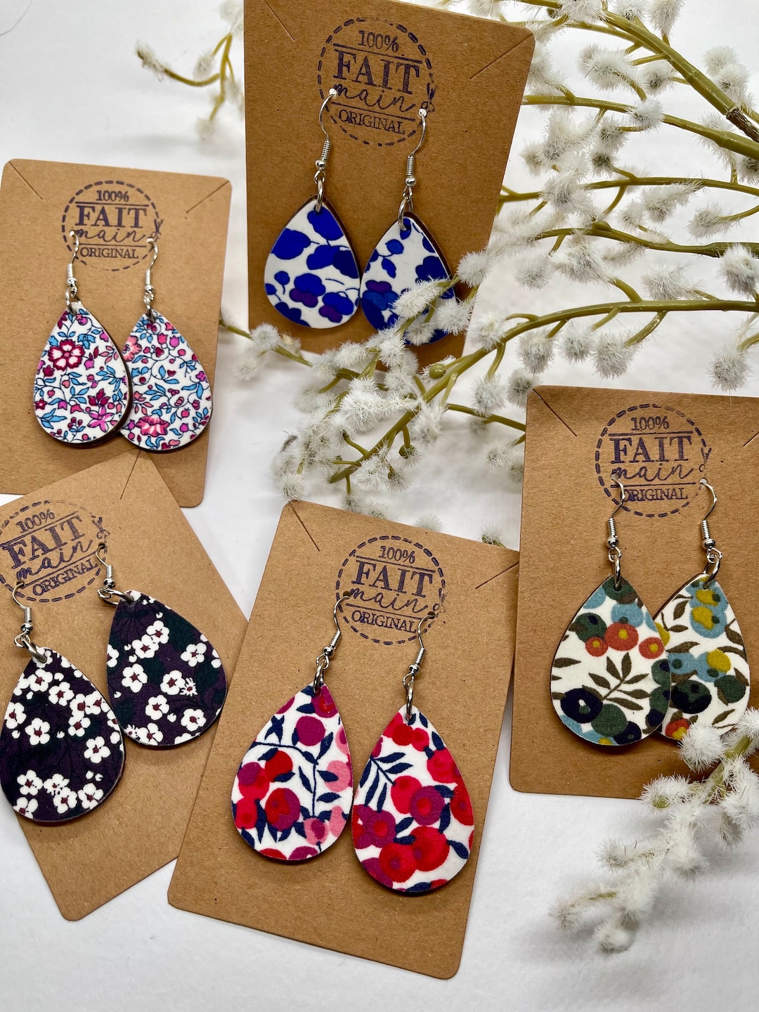 Boucles d'oreilles gouttes bois et Liberty