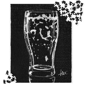 May include: Black and white illustration of a glass of beer with foam on top. The glass is outlined in white and the foam is filled in with white. The background is black.