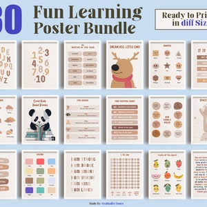 Boho educational poster for toddlers and kids playroom decor printable classroom decor bundle Montessori classroom decor, Set of 30 posters