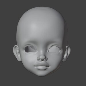 May include: A 3D model of a doll's head with a neutral expression. The head is sculpted in a realistic style with detailed features, including eyes, nose, and mouth.