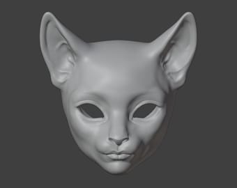 3D Printed Woman-Cat Doll Head, STL/OBJ Files (Digital Model)