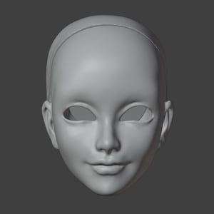 Puede incluir: Una cara de muñeca gris, renderizada en 3D, con un acabado liso y mate. La cara tiene cuencas de los ojos abiertas, una nariz pequeña y una boca ligeramente sonriente. La cabeza es calva, con una línea sutil que indica la línea del cabello.
