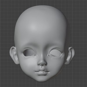 Puede incluir: Un modelo 3D de la cabeza de una muñeca con una expresión neutral. La cabeza está esculpida en un color gris claro y tiene rasgos realistas, incluidos ojos, nariz y boca.