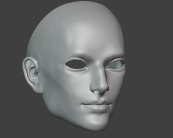 May include: A smooth, light gray 3D digital model of a human head. The sculpture features a bald scalp, defined facial features including almond-shaped eye sockets, a straight nose, and neutral lips, presented from a three-quarter angle.