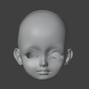 May include: A 3D model of a doll's head with a neutral expression. The head is sculpted in a light gray color and has realistic features, including eyes, a nose, and a mouth.