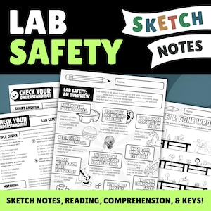 May include: A set of educational lab safety sketch notes featuring black and white worksheets with text and illustrations. The pages include sections titled Lab Safety: An Overview, Check Your Understanding, and Lab Safety: Gone Wrong, with graphics of safety goggles, a hamburger, a horse, and stick figures.