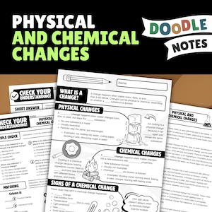 May include: A set of educational worksheets titled Physical and Chemical Changes Doodle Notes. The pages feature black and white text, diagrams of ice cubes, a frying pan, and a campfire, with fill-in-the-blank sections for science students.