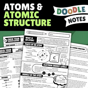 Puede incluir: Hoja de trabajo científica titulada Atoms & Atomic Structure que incluye secciones para completar, diagramas de un átomo de carbono, niveles de energía electrónica y modelos atómicos, junto con una página de cuestionario de repaso.