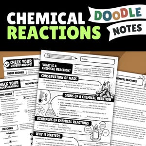 Schematische aantekeningen over chemische reacties | Reactanten Producten Behoud van massa Werkblad scheikunde voor de middelbare school NGSS 6e 7e klas Doodles