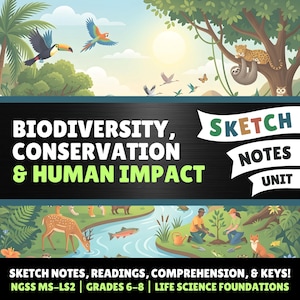 May include: Educational poster titled BIODIVERSITY, CONSERVATION & HUMAN IMPACT SKETCH NOTES UNIT. The design features a top section with a toucan, parrot, leopard, and sloth in a forest, and a bottom section showing a deer, fish, and people planting a tree.