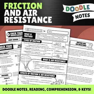Pode incluir: Folha de exercícios educativa intitulada Friction and Air Resistance Doodle Notes. A página inclui seções para preencher, diagramas de um paraquedas e um carro de corrida, e títulos sobre tipos de atrito e efeitos da resistência.