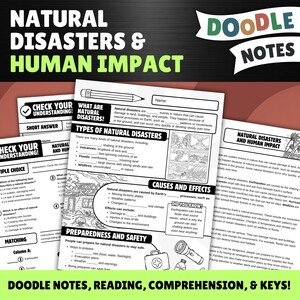 May include: Educational worksheet set titled Natural Disasters & Human Impact featuring black and white text, fill-in-the-blank sections, and line art illustrations of volcanoes, tornadoes, and emergency supplies like a flashlight and first aid kit.