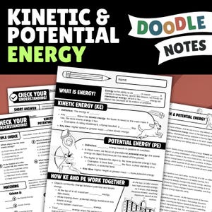 Può includere: Scheda didattica intitolata Kinetic & Potential Energy Doodle Notes. La pagina presenta sezioni sulle definizioni di energia, energia cinetica con un'illustrazione di un cane, energia potenziale con un arciere e una montagna russa.
