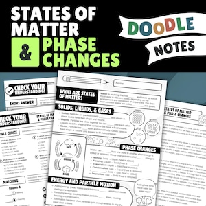 Op de afbeelding: Educatief werkblad in doodle-notes-stijl getiteld States of Matter & Phase Changes. Het zwart-witte document bevat invuloefeningen, diagrammen van deeltjesrangschikkingen, een faseovergangscyclus en een sectie voor kenniscontrole.