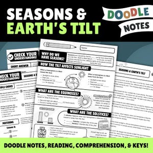 May include: Educational worksheet titled Seasons & Earth's Tilt Doodle Notes featuring diagrams of the Earth and Sun, fill-in-the-blank sections about solstices, equinoxes, and sunlight, plus multiple-choice and matching questions for science study.
