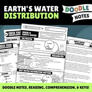 Könnte beinhalten: Bildungsarbeitsblatt mit dem Titel Earth's Water Distribution, das Lückentexte, Diagramme zu Salz- und Süßwasseranteilen, Illustrationen von Gletschern und Wasserleitungen sowie einen Abschnitt zur Überprüfung des Verständnisses enthält.