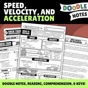 May include: Educational doodle notes worksheet set covering speed, velocity, and acceleration. The pages feature black and white text, diagrams of a car, snail, and cheetah, fill-in-the-blank sections, and multiple-choice questions for physics study.