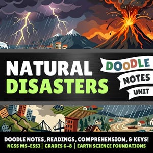 Może przedstawiać: Cyfrowa pomoc edukacyjna zatytułowana Natural Disasters Doodle Notes Unit z ilustracjami wybuchu wulkanu, błyskawic i chmur burzowych nad krajobrazem z budynkami, mostami i polami uprawnymi, zawierająca tekst o lekturach i kluczach odpowiedzi.